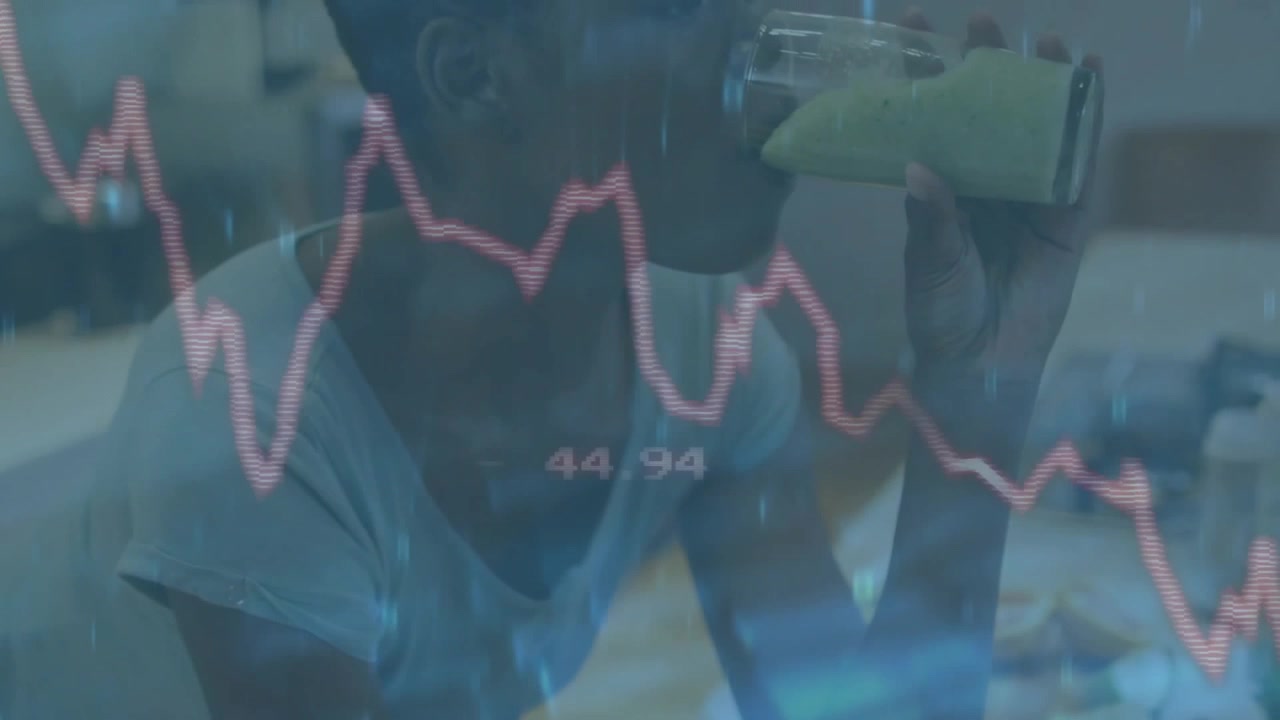 Woman gripping smoothie glass and sipping to track health while pink line graph animating values