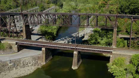 trestle and lower train bridge run across susquehanna river aerial