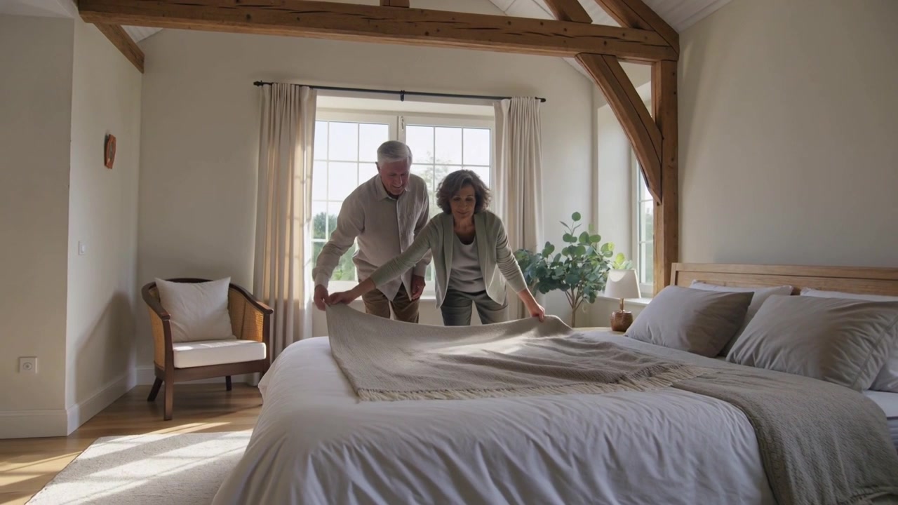 Holding folded throw, senior couple spreading throw across king bed in home bedroom to straighten