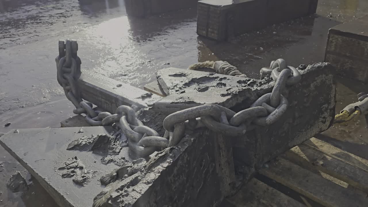 Muddy anchor resting on a pallet in drydock with sun flare from the sun shining behind