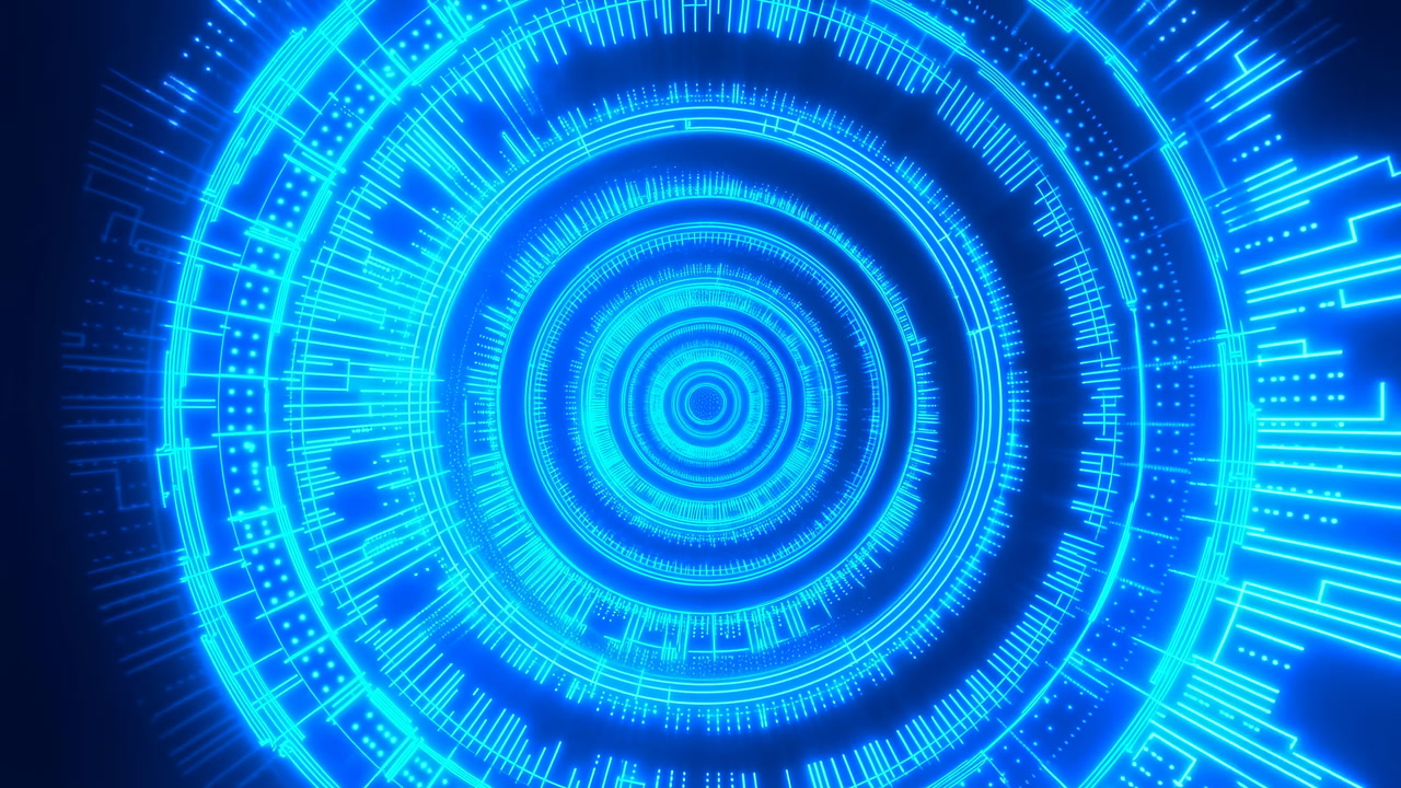 Glowing Blue Circular Data Interface Pulses With Rotating Concentric Rings, Circuit Glyphs, Scanning Beams,