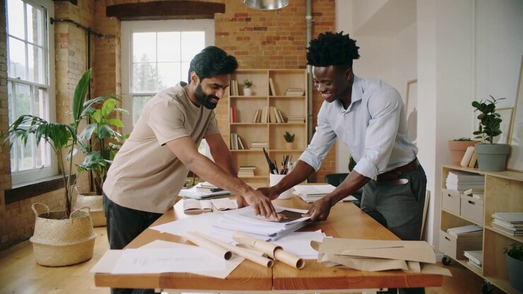 Due uomini in camicia beige e blu che sistemano, chinati su un tavolo in legno stile loft, finalizzando il layout con i piani.
