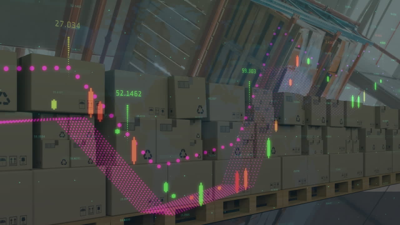 배경에 있는 카드보드 상자  ⁇ 어리 위에서 통계 처리의 애니메이션