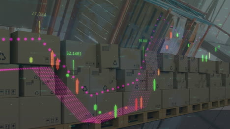 animación del procesamiento de estadísticas sobre una pila de cajas de cartón en el fondo