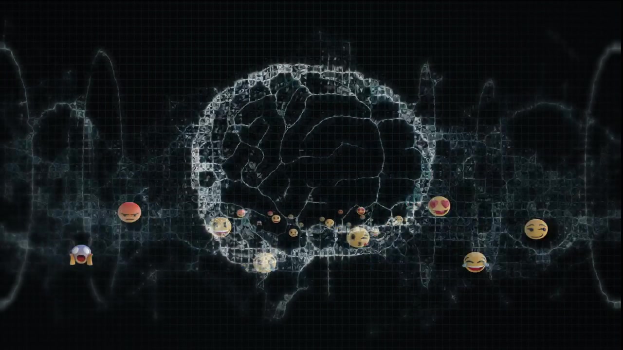 Grid appearing starting emoji icons drifting through wireframe brain graphic showing data flow