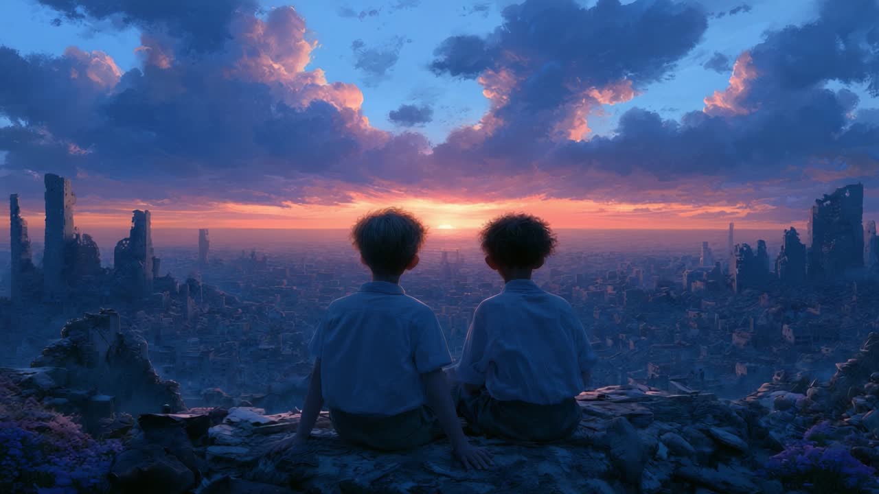 Innocent Curiosity: Two Children Gaze at the Distant Horizon of a Ruined City at Sunset, Embracing the Beauty and Mystery of Their Surroundings