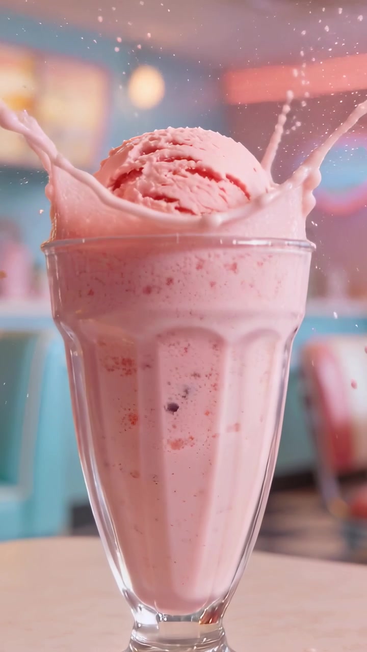 Pembe milkshake'li soda bardağı, kaşık düşerek taç şeklinde sıçrama oluşturuyor ve yemek reklamı için yakın çekime yerleşiyor.