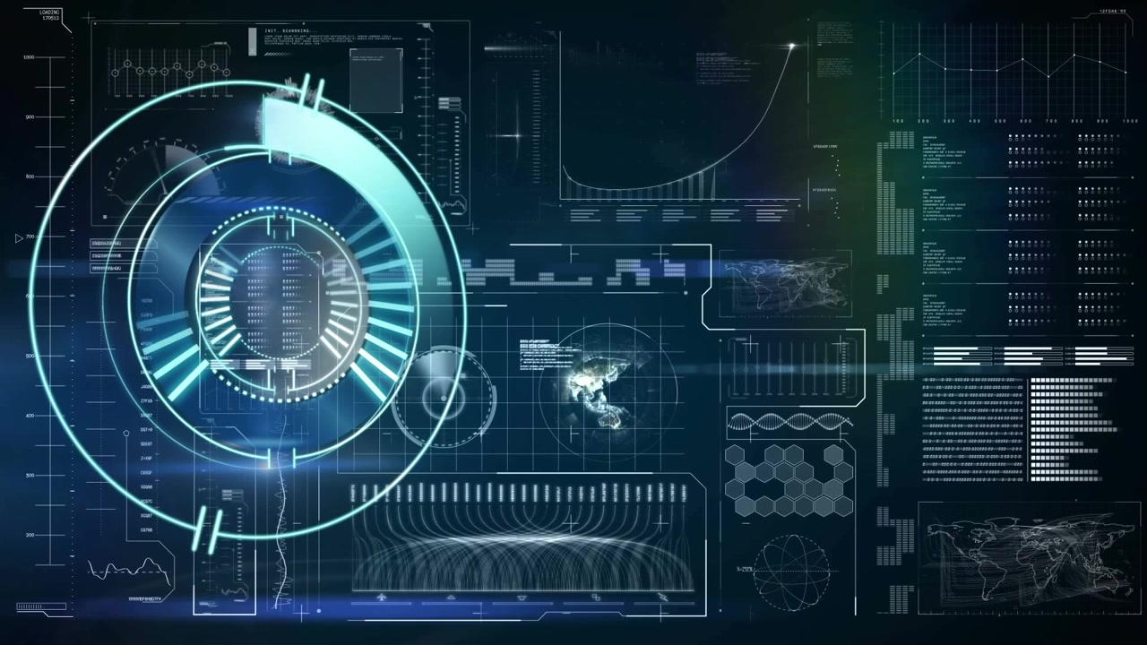 Animation of neon round scanner over digital interface with data processing against blue background