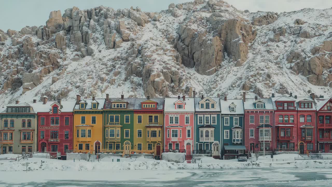 Panning camera stabilizing revealing colorful tall houses' facades at waterfront, frozen shoreline