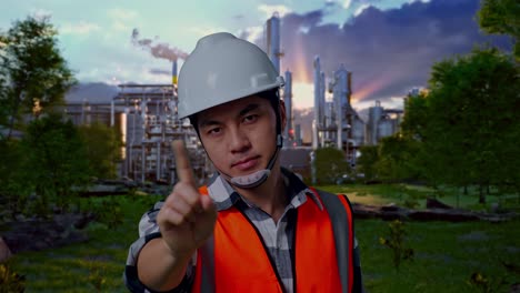 close up of asian male engineer with safety helmet disapproving with no index finger sign while standing in front of oil refinery