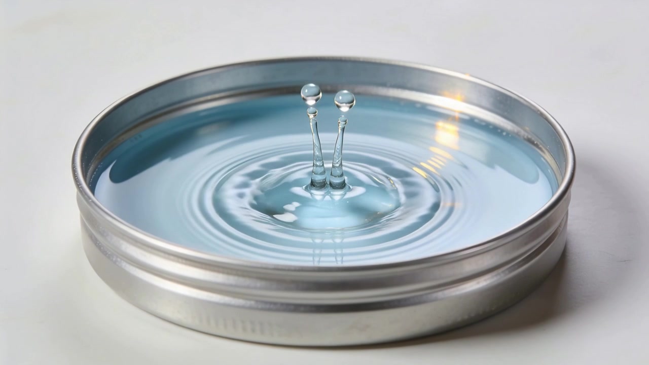 Goccia che colpisce un coperchio di metallo con liquido blu, si alza in una colonna, ricade, increspature sul tavolo, luccichio del bordo