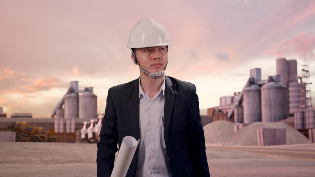 Vista Frontal de Empresário Asiático Segurando Planta Baixa Enquanto Caminha em Fábrica de Cimento Industrial ao Pôr do Sol.