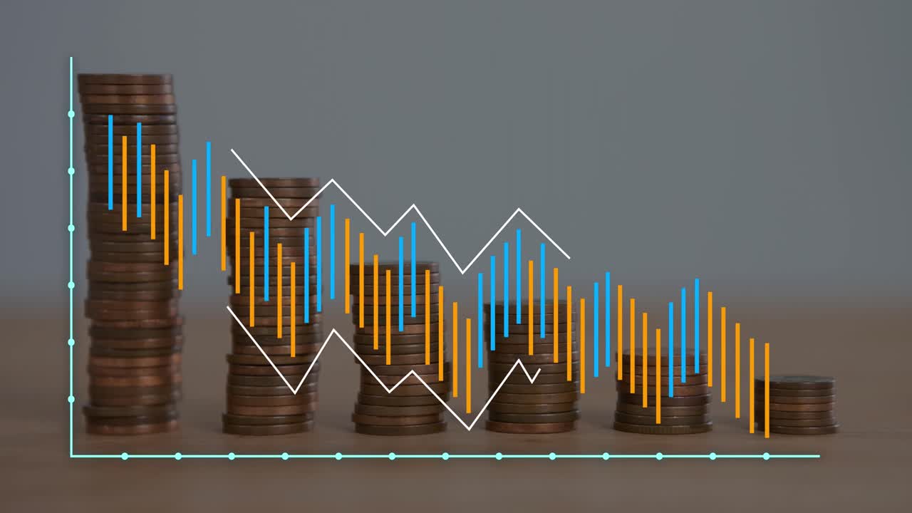 animación del procesamiento de datos financieros sobre pilas de monedas