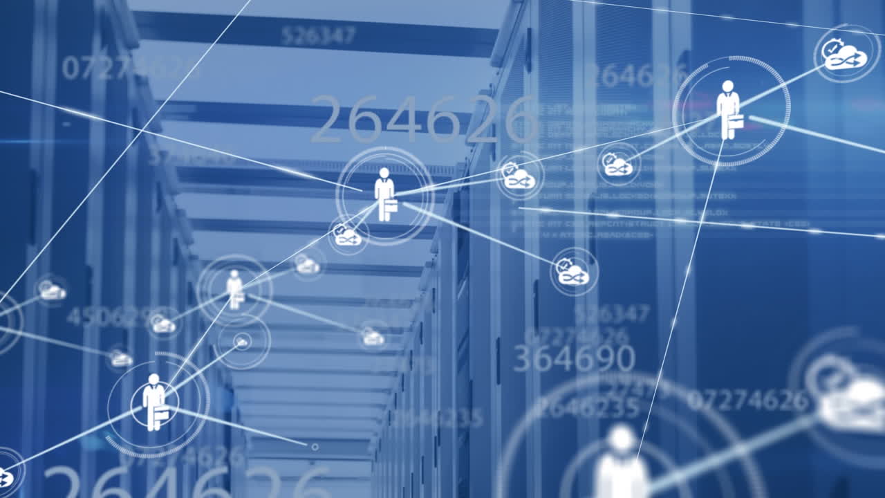 animación de la red de conexiones con iconos y procesamiento de datos sobre la sala de servidores