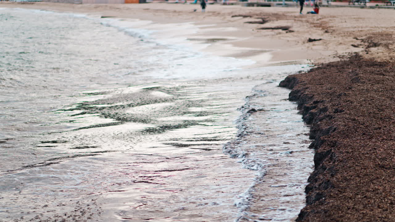 Close up of dark waves crashing onto a muddy shore with foam along the edge