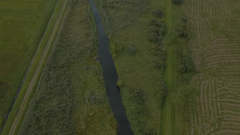 drone flying up following a small local river and revealing beautiful green fields landscapes in debki village, located in noth poland, pitch up