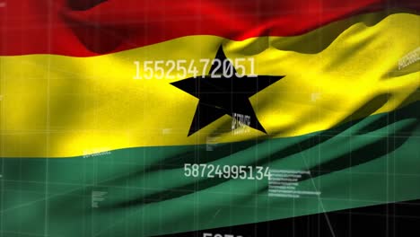 Animation-of-changing-numbers-and-data-processing-against-waving-ghana-flag