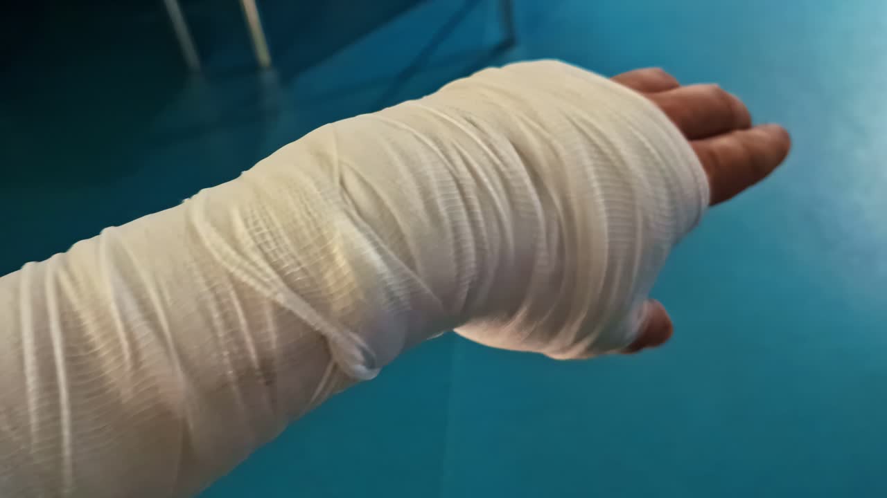A slow-motion close-up of a hand wrapped in a white bandage, gently moving its fingers