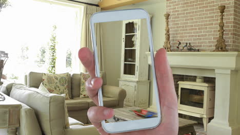 hand holding a smartphone against modern interior of a living room