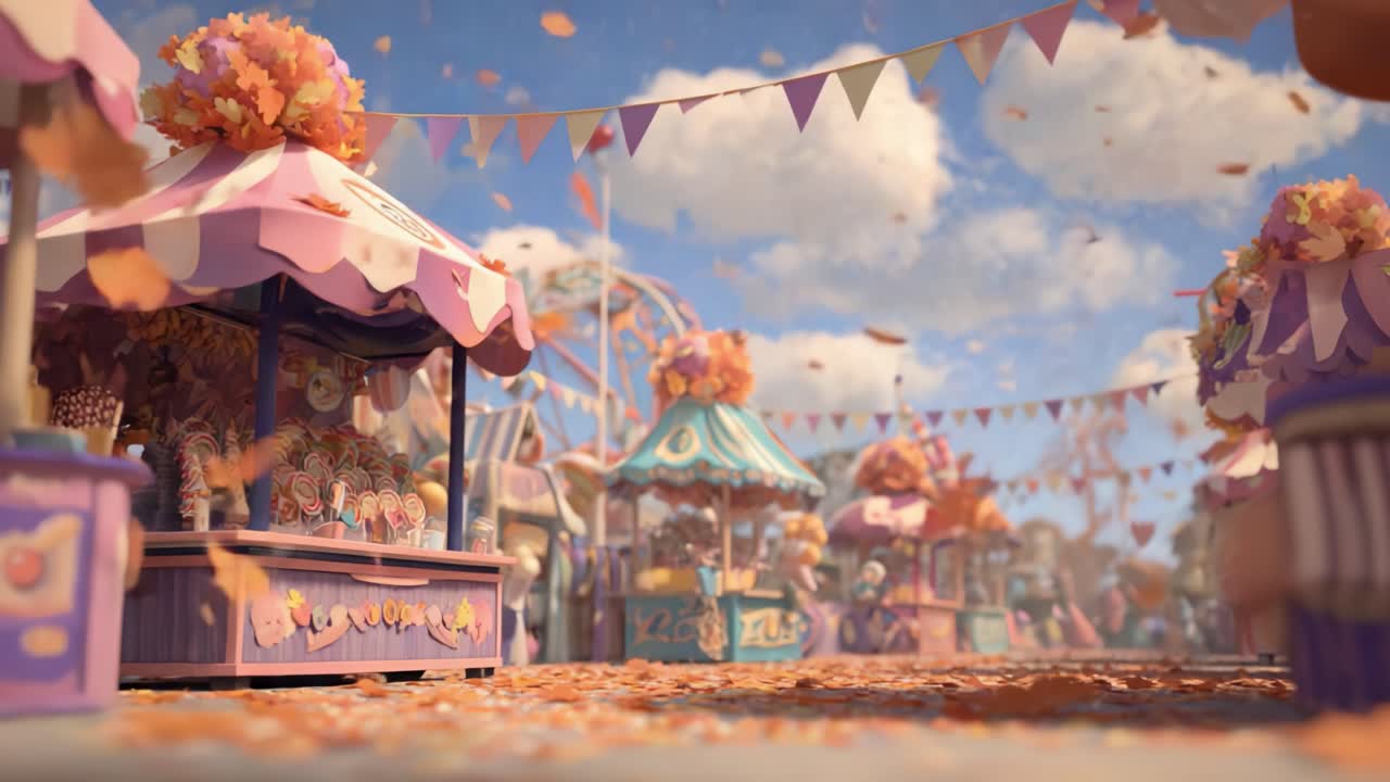 A Vibrant Autumn Festival Scene Filled With Colorful Stalls, Whirling Decorations, and Falling Leaves Capturing the Essence of Seasonal Celebration and Joy