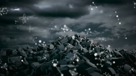 Molecular-structures-floating-over-broken-rocks-against-dark-clouds-in-the-sky