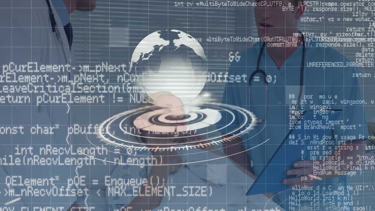 백인 남성 의사와 보건 직원이 백인 여성 환자와 대화하는 데이터 처리를 통해