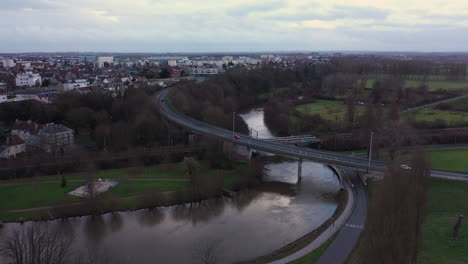 aerial view over the orne river in caen
