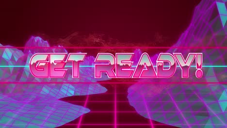 Animation-of-get-ready-pink-text-moving-amidst-graphical-mountain-over-grid-pattern,-copy-space