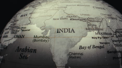 close-up of a world globe focusing on south asia