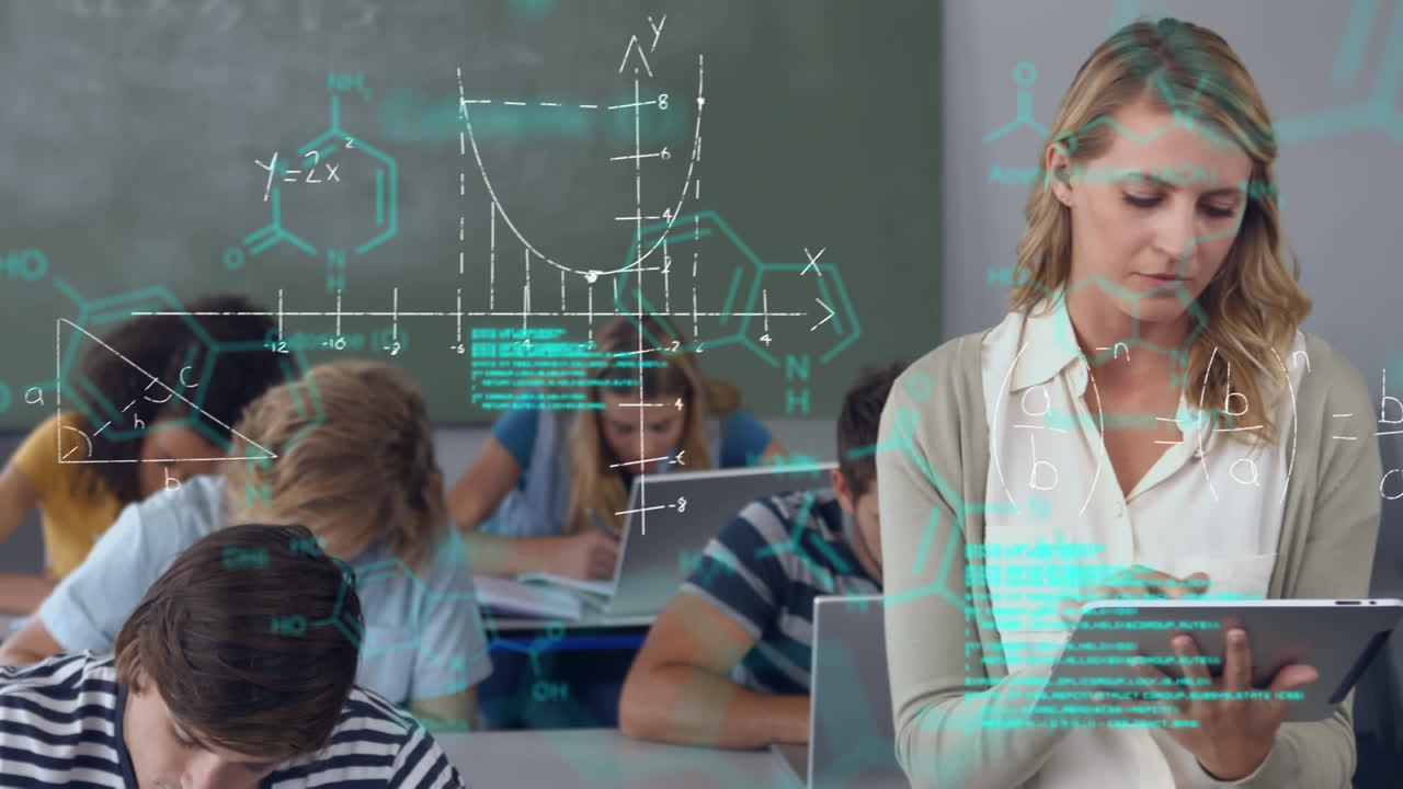 ученики и учитель используют мобильные устройства в классе