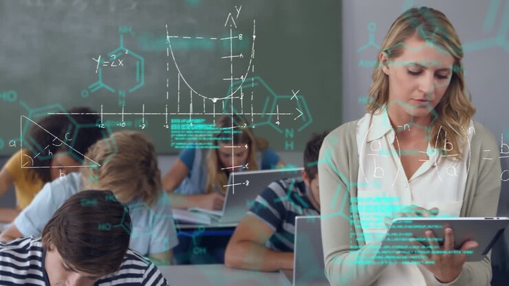 Students and the teacher using mobile devices in class