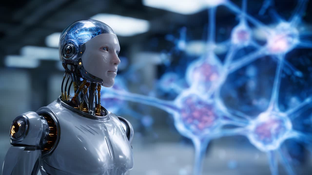 Robot umanoide futuristico con connessioni neurali avanzate visualizzate in un ambiente tecnologico che mette in mostra l'interfaccia tra robotica e neuroscienze