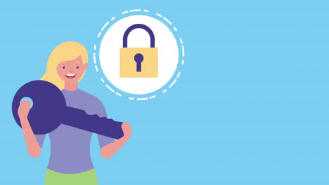 businesswoman lifting key with padlock avatar character