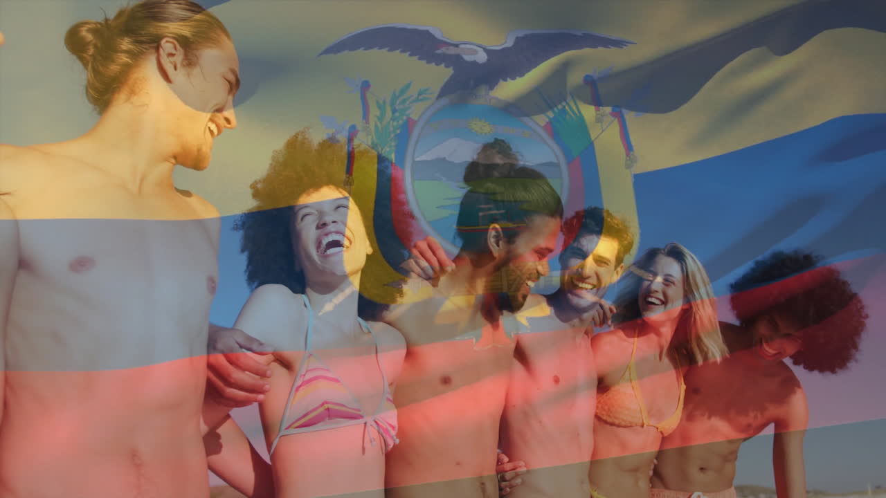 Laughing friends at beach with Ecuador flag animation in background