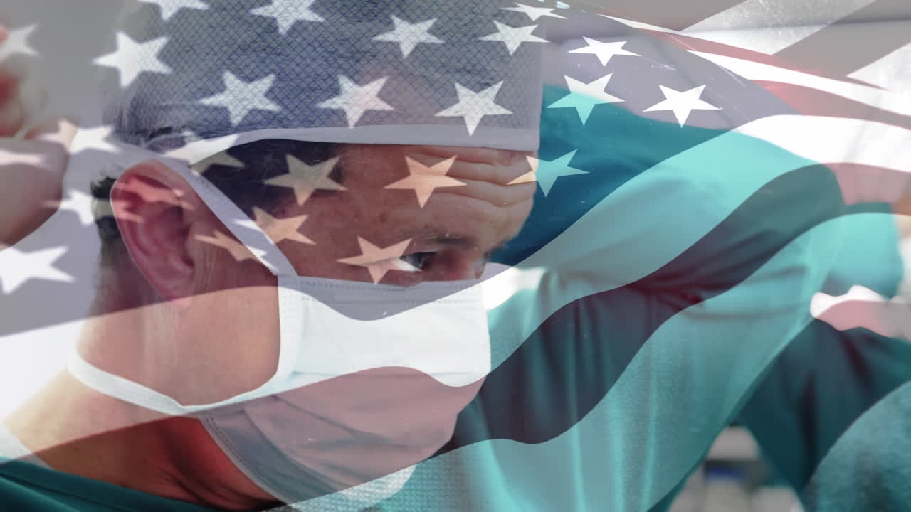 animación de la bandera de los estados unidos ondeando sobre los cirujanos en el quirófano