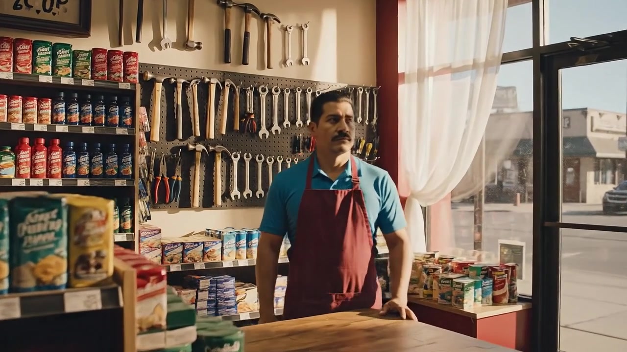 Um Comerciante Amigável Recebe Clientes em uma Loja Local Bem Abastecida, com uma Variedade de Ferramentas e Itens de Mercearia Expostos de Forma Proeminente nas Prateleiras