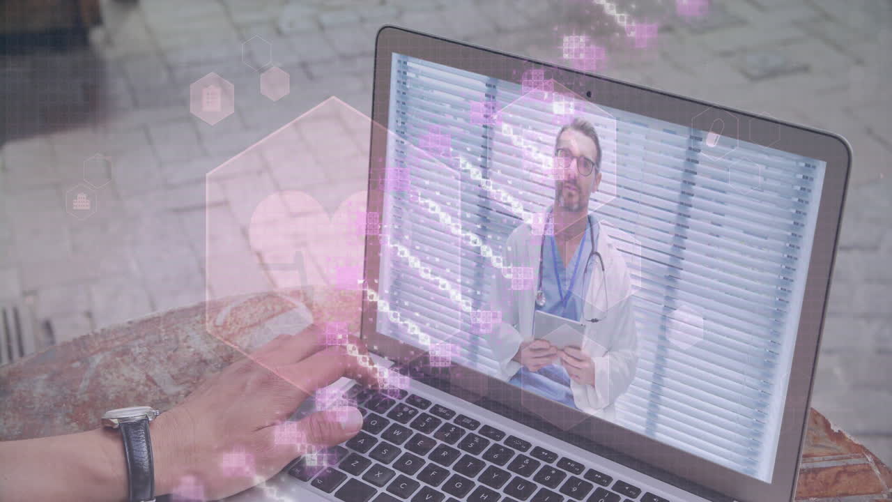 cadena de dna girando sobre médico masculino hablando en la pantalla de la computadora portátil durante una llamada de video