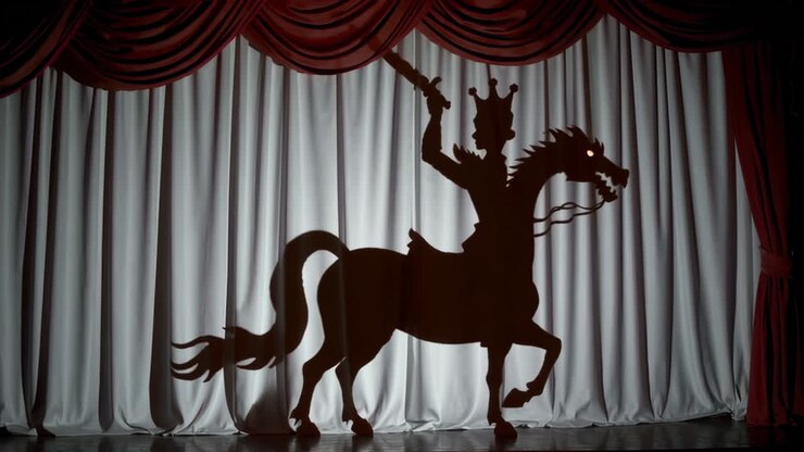 Spettacolo drammatico di ombre cinesi di un re su una creatura simile a un cavallo