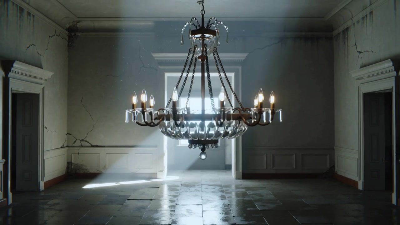 La telecamera si allontana mostrando un lampadario di cristallo appeso, che riflette un raggio di sole e rivela il suo stato di decadimento.