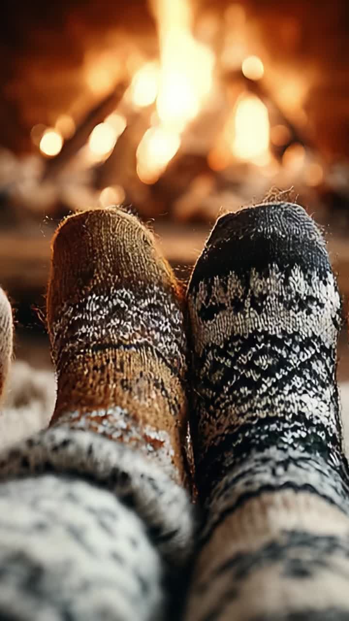 Momenti accoglienti accanto al camino: una vista calda e invitante di calzini colorati di maglia mentre ti rilassi davanti a un fuoco scoppiettante, perfetto per il relax invernale