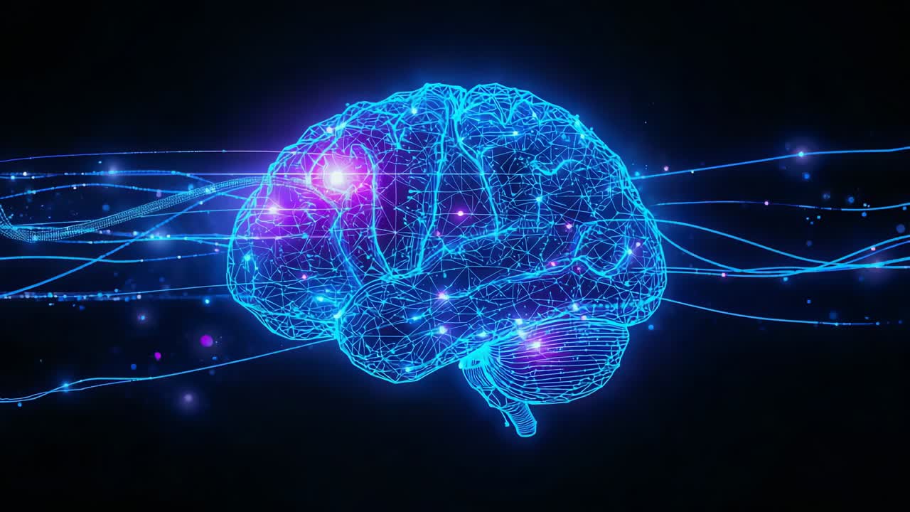 Pulsing blue mesh brain reacting to filament pulses in black void, making magenta hotspots, sparks