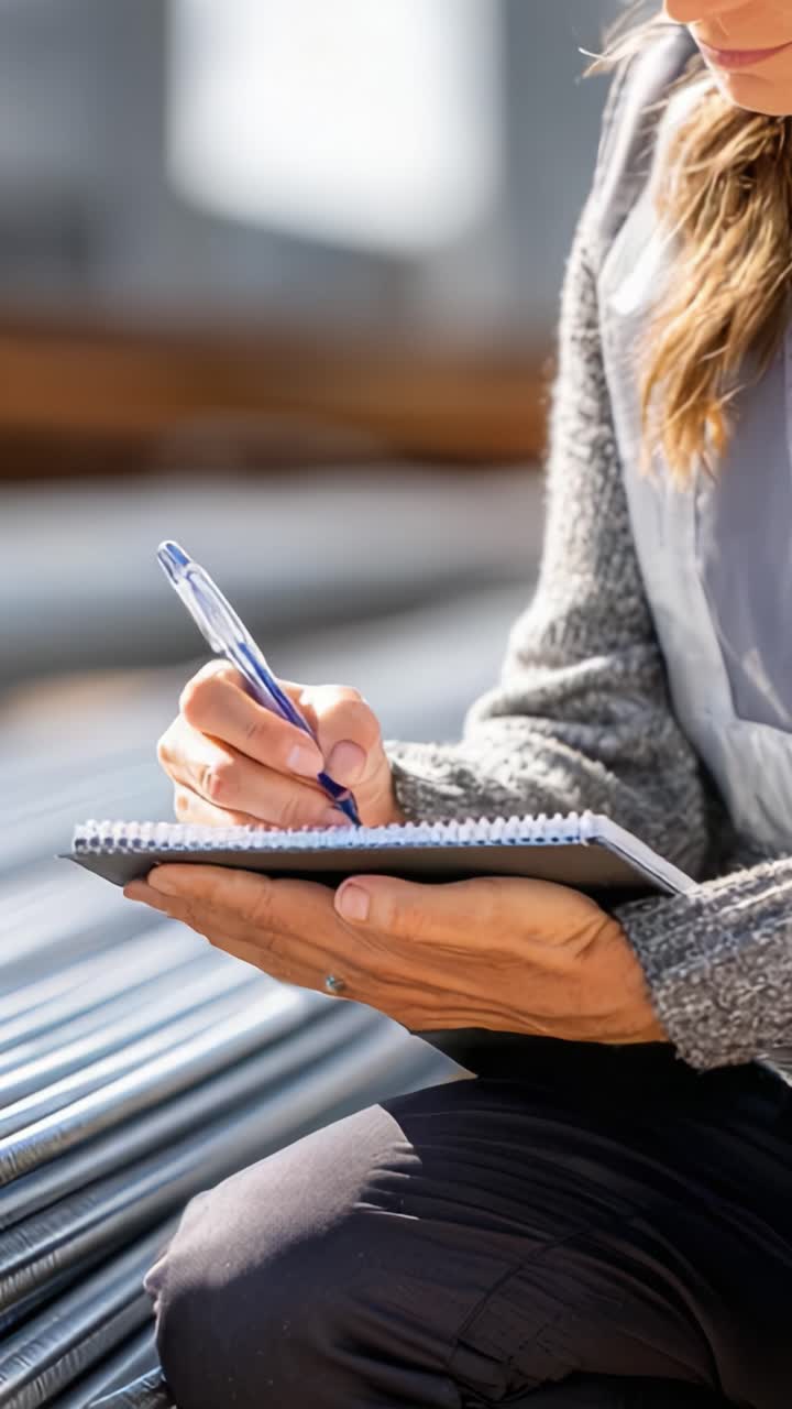 Close-up of a focused individual taking notes in a notebook while seated on a construction site, showcasing attention to detail and diligent work practices