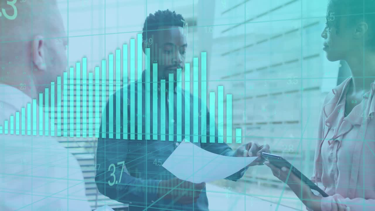 Animation of data processing over diverse business people in office