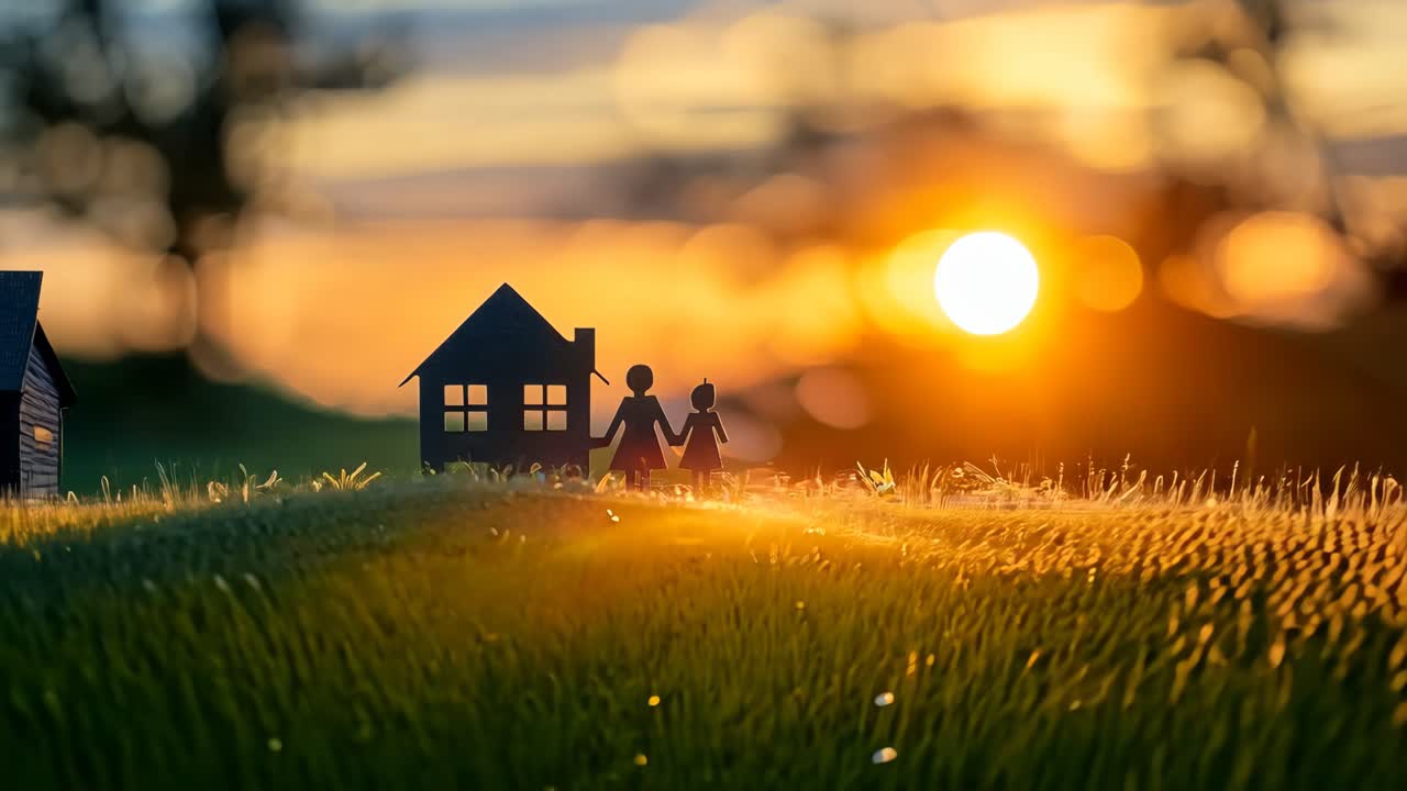 A house and two people are standing in front of it. The house is black and the sun is setting in the background