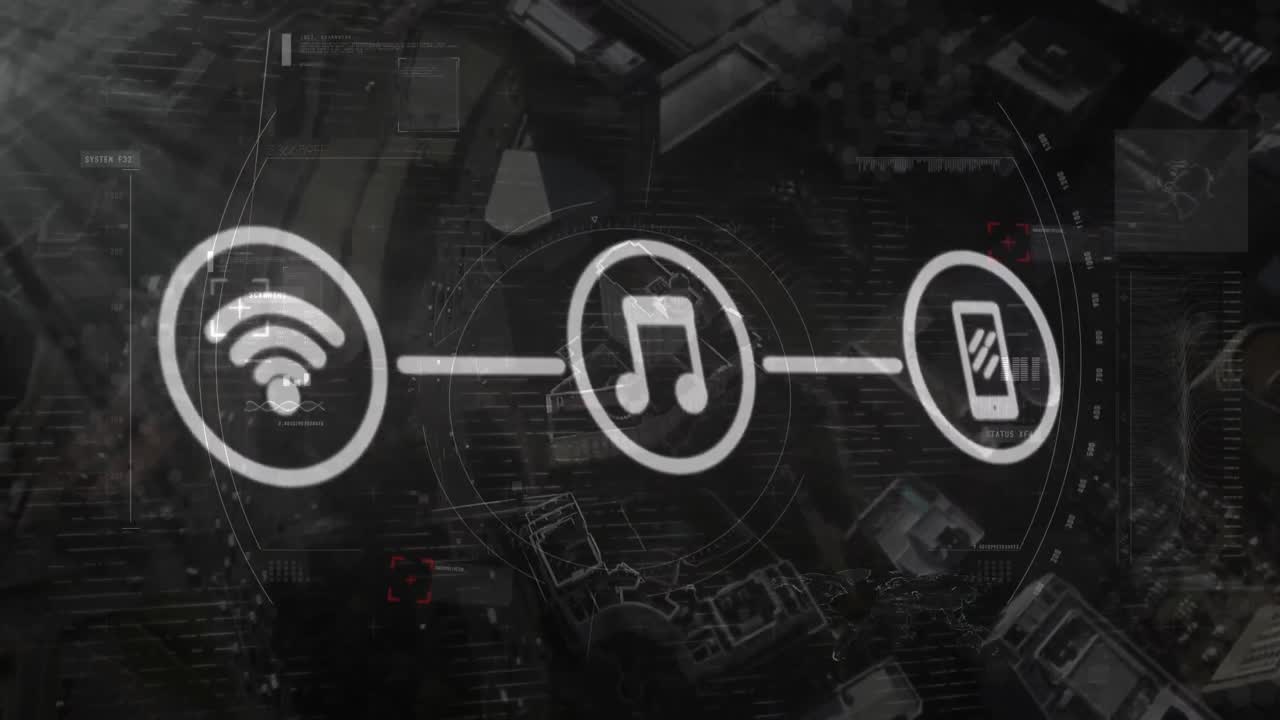 Rete di icone digitali su sfondo di paesaggio urbano.