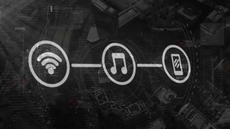 red de iconos digitales contra el paisaje urbano