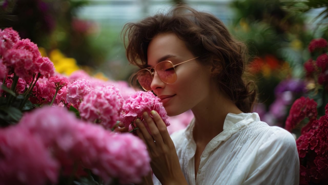 Un delizioso incontro con la natura: una donna avvolta in vivaci fioriture, che abbraccia il profumo di fiori rosa in un lussureggiante paradiso floreale.