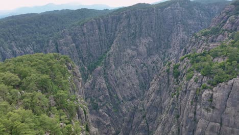 aerial view of a steep mountain valley with lush forest