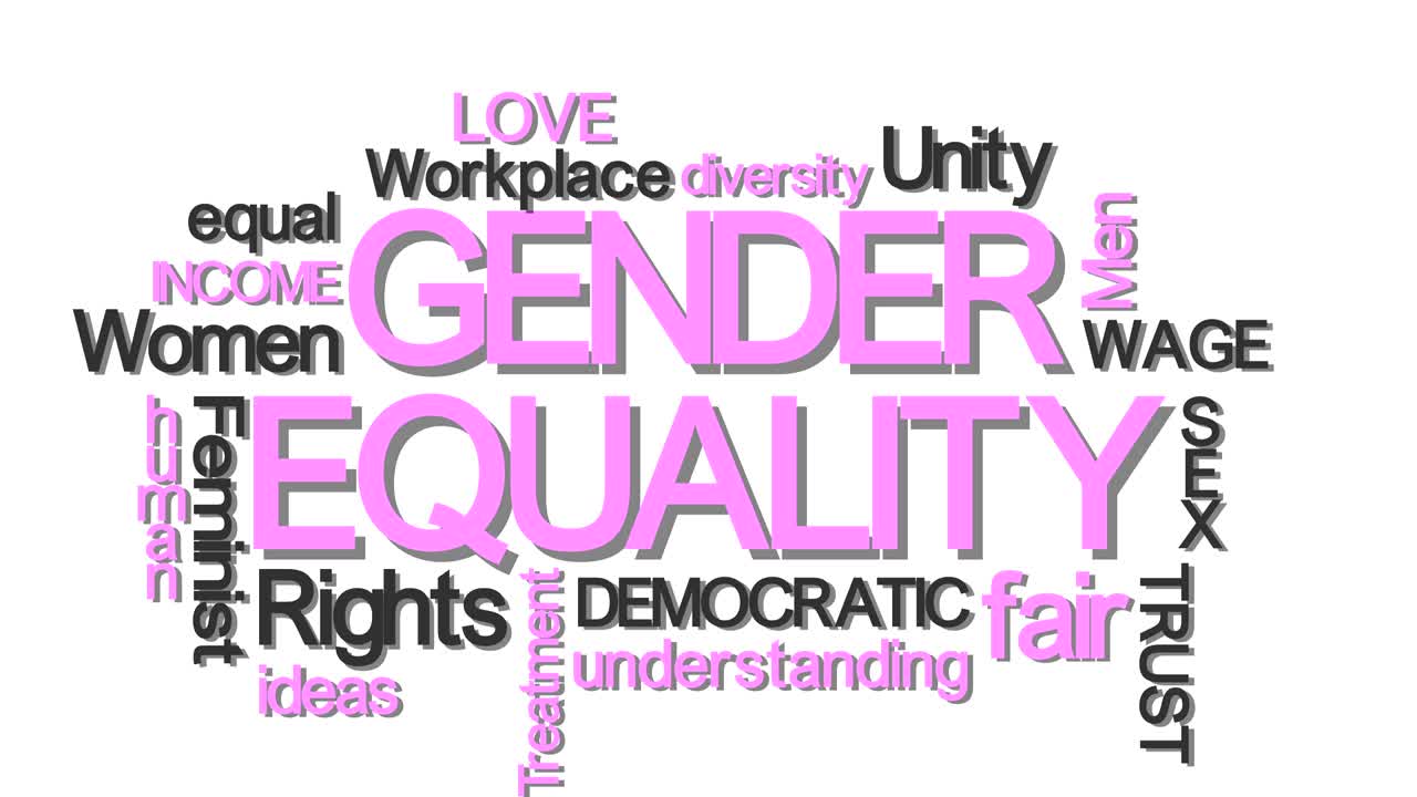 Gender equality typography word cloud with relevant buzzwords pink