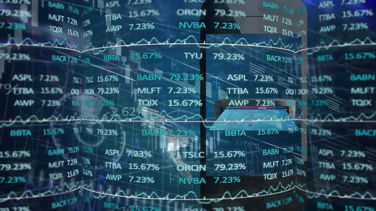 Animation of stock market data processing over digital interface against blue background